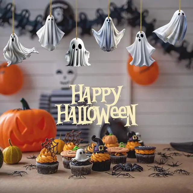 Alt view image 2 of 7 - 6 Pcs Halloween Hanging Ornaments for Tree Cute White Little Ghost Designs Halloween Spooky Acrylic Pendants Cartoon Ghost Hanging Ornaments Decorative for Holiday Party Craft Supplies