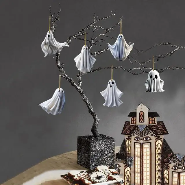 Alt view image 3 of 7 - 6 Pcs Halloween Hanging Ornaments for Tree Cute White Little Ghost Designs Halloween Spooky Acrylic Pendants Cartoon Ghost Hanging Ornaments Decorative for Holiday Party Craft Supplies