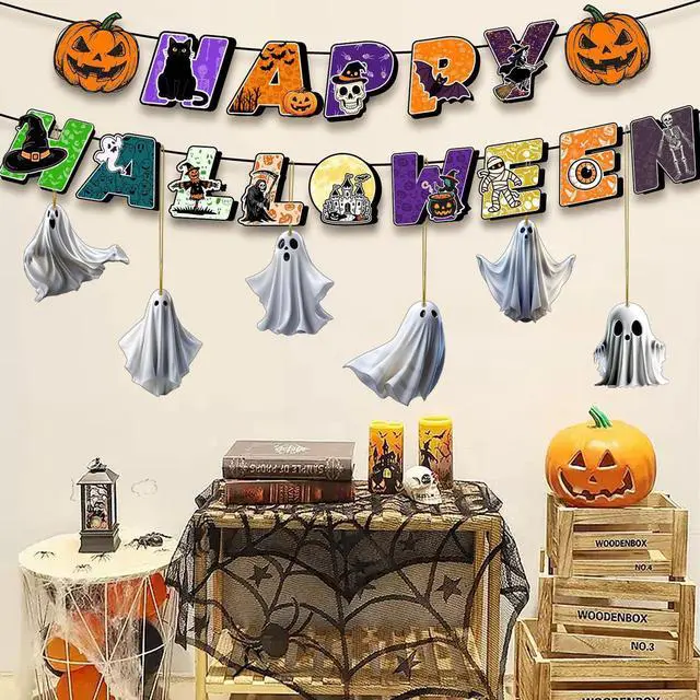 Alt view image 4 of 7 - 6 Pcs Halloween Hanging Ornaments for Tree Cute White Little Ghost Designs Halloween Spooky Acrylic Pendants Cartoon Ghost Hanging Ornaments Decorative for Holiday Party Craft Supplies