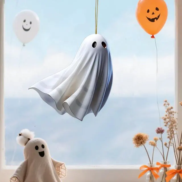 Alt view image 5 of 7 - 6 Pcs Halloween Hanging Ornaments for Tree Cute White Little Ghost Designs Halloween Spooky Acrylic Pendants Cartoon Ghost Hanging Ornaments Decorative for Holiday Party Craft Supplies