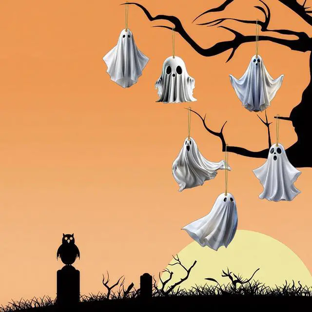 Alt view image 6 of 7 - 6 Pcs Halloween Hanging Ornaments for Tree Cute White Little Ghost Designs Halloween Spooky Acrylic Pendants Cartoon Ghost Hanging Ornaments Decorative for Holiday Party Craft Supplies