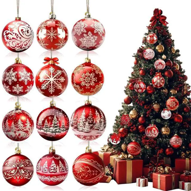 Main image of 12Pcs Christmas Wooden Ornaments Red Gift Ball Tree Decorations Snowflake Xmas Trees Hanging Ornaments with Double Sided Printing Design Santa Decorations for Winter Holiday Party Home Supplies