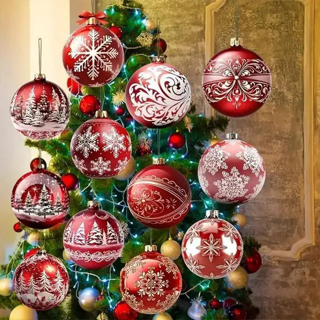 Alt view image 3 of 7 - 12Pcs Christmas Wooden Ornaments Red Gift Ball Tree Decorations Snowflake Xmas Trees Hanging Ornaments with Double Sided Printing Design Santa Decorations for Winter Holiday Party Home Supplies