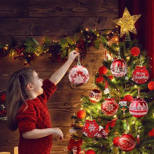 Alt view image 7 of 7 - 12Pcs Christmas Wooden Ornaments Red Gift Ball Tree Decorations Snowflake Xmas Trees Hanging Ornaments with Double Sided Printing Design Santa Decorations for Winter Holiday Party Home Supplies