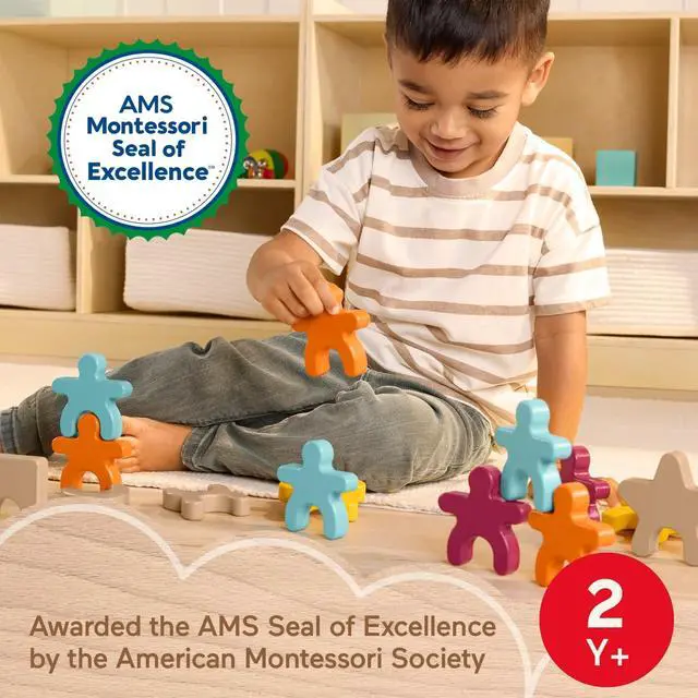Alt view image 2 of 6 - Wood Montessori Stacking Shapes Learning Activity | 16 Wooden Pieces + Expert Play Tips, American Montessori Society Seal of Excellence, Kids Ages 2+ Years
