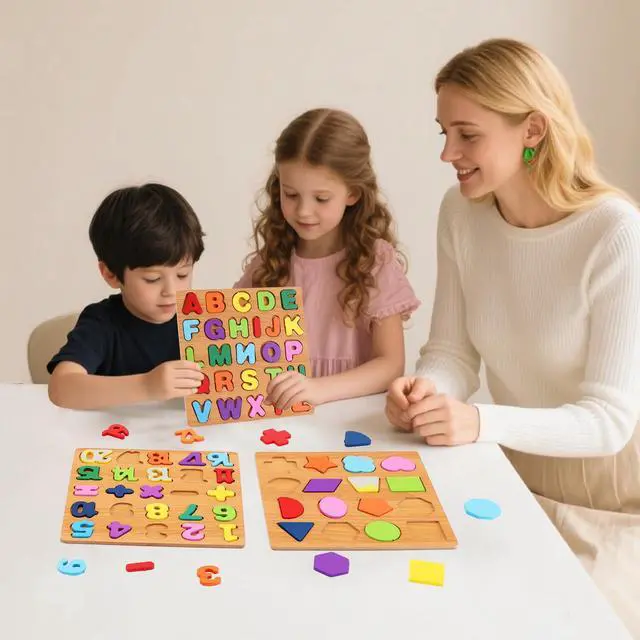 Alt view image 6 of 7 - Alphabet Wooden Puzzles for Toddlers 3-5, Pack of 3 ABC, Number and Shape Puzzle, Preschool Educational Learning Toys with Puzzle Board & Letter Blocks for Girls Boys Ages 3 4 5 Years Old