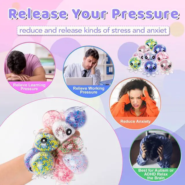 Alt view image 4 of 7 - 12 Pack Fidget Stress Balls for Adults, Cute Octopus Stress Ball | Features a soft, squeezable texture, Bulk Squishy Squeeze Ball Toys Set for Classroom Prizes and Birthday Party Favors
