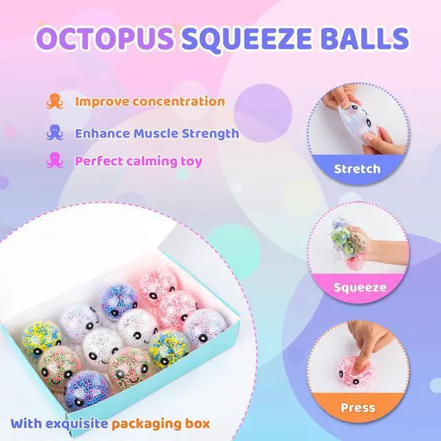 Alt view image 5 of 7 - 12 Pack Fidget Stress Balls for Adults, Cute Octopus Stress Ball | Features a soft, squeezable texture, Bulk Squishy Squeeze Ball Toys Set for Classroom Prizes and Birthday Party Favors