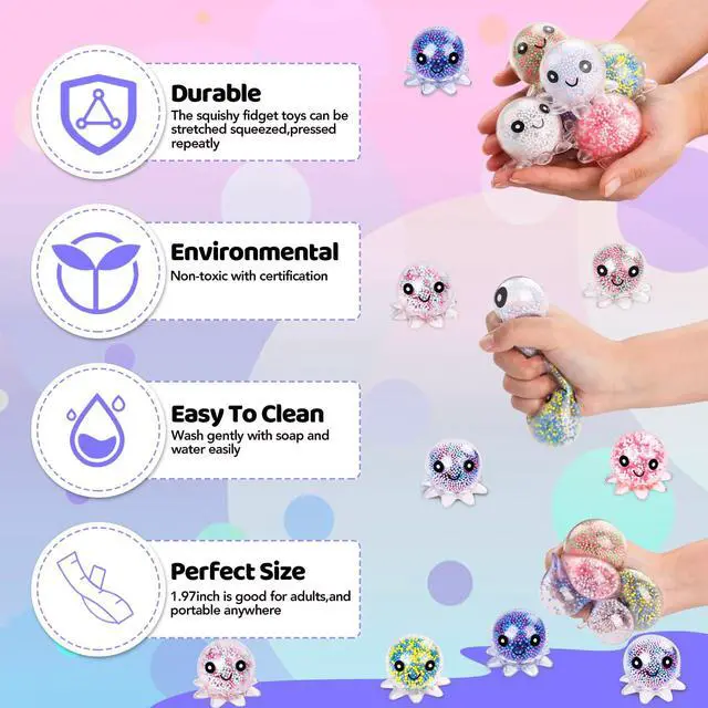 Alt view image 6 of 7 - 12 Pack Fidget Stress Balls for Adults, Cute Octopus Stress Ball | Features a soft, squeezable texture, Bulk Squishy Squeeze Ball Toys Set for Classroom Prizes and Birthday Party Favors