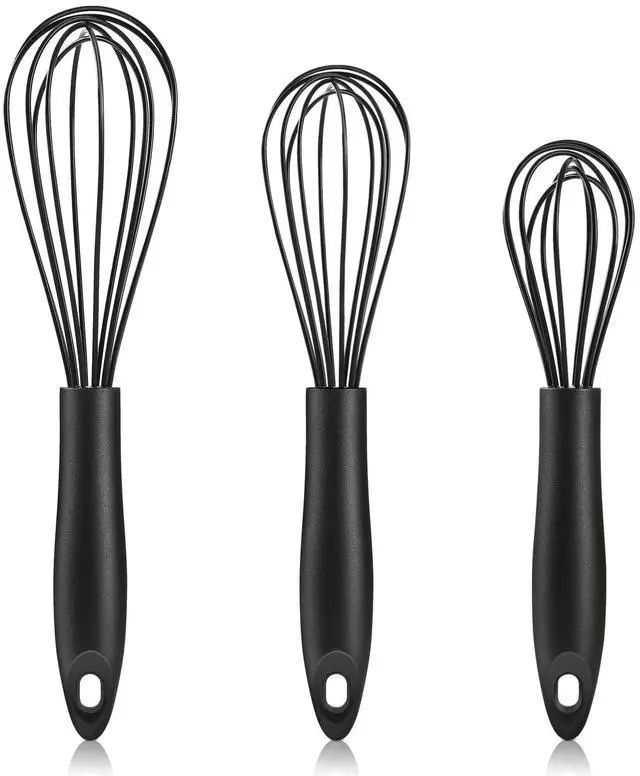 Main image of Silicone Whisk,Heat Resistant Non Scratch Whisks Set of 3,Stainless Steel & Silicone Wisk for Cooking,Kitchen Whisk For Nonstick Cookware,Balloon Egg Whisk Perfect for Blending,Beating,Frothing-Black