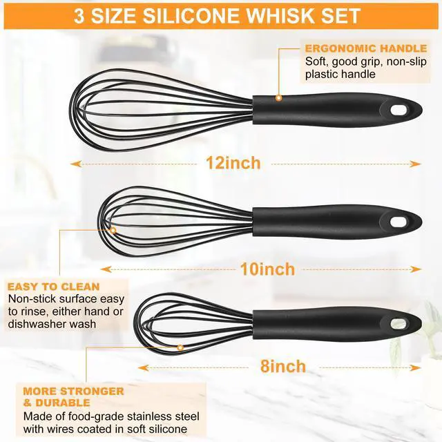 Alt view image 3 of 7 - Silicone Whisk,Heat Resistant Non Scratch Whisks Set of 3,Stainless Steel & Silicone Wisk for Cooking,Kitchen Whisk For Nonstick Cookware,Balloon Egg Whisk Perfect for Blending,Beating,Frothing-Black