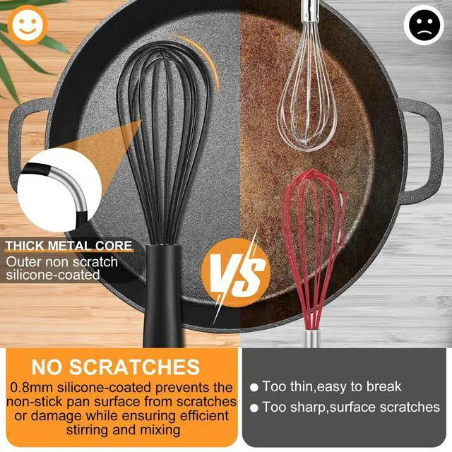Alt view image 4 of 7 - Silicone Whisk,Heat Resistant Non Scratch Whisks Set of 3,Stainless Steel & Silicone Wisk for Cooking,Kitchen Whisk For Nonstick Cookware,Balloon Egg Whisk Perfect for Blending,Beating,Frothing-Black