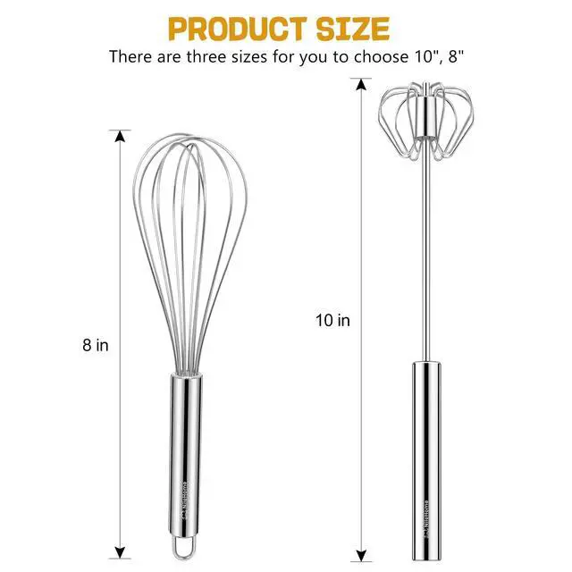 Alt view image 2 of 7 - Stainless Steel Whisk Set 8" + 10" Semi-Automatic Rotary | Food-grade Stainless Steel,Dishwasher Safe,Multiple Sizes,Easy to Clean and Store,Perfect for Cooking,Whisking and Blending