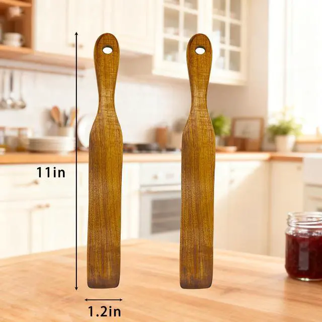 Alt view image 2 of 6 - 2 Pack Wooden Spurtle Spatula for Sourdough Starter Mixing, Long Handle Jar Scraper for Reaching Bottom, Dough Whisk and Stirring Utensil, Kitchen Tools for Baking, Cooking (2 Pack Wooden Spurtle)