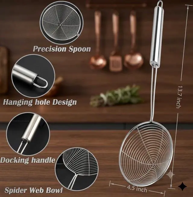 Alt view image 5 of 5 - 13.7-inch Spider Strainer Skimmer Stainless Steel Pasta Strainer Spoon for Cooking and Frying, Wire Skimmer Ladle Kitchen Utensils Fryer Scoop Spoon.