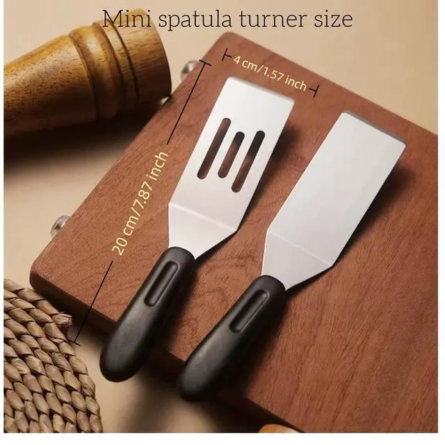 Alt view image 4 of 5 - Mini Metal Spatula turner Set, Small Serving Spatula, 2 Pieces Stainless Steel Spatulas Set, Cutter and Serve Turner for Kitchen, Flipping or Cooking for Brownie, Cookie, Pancakes or Cake.