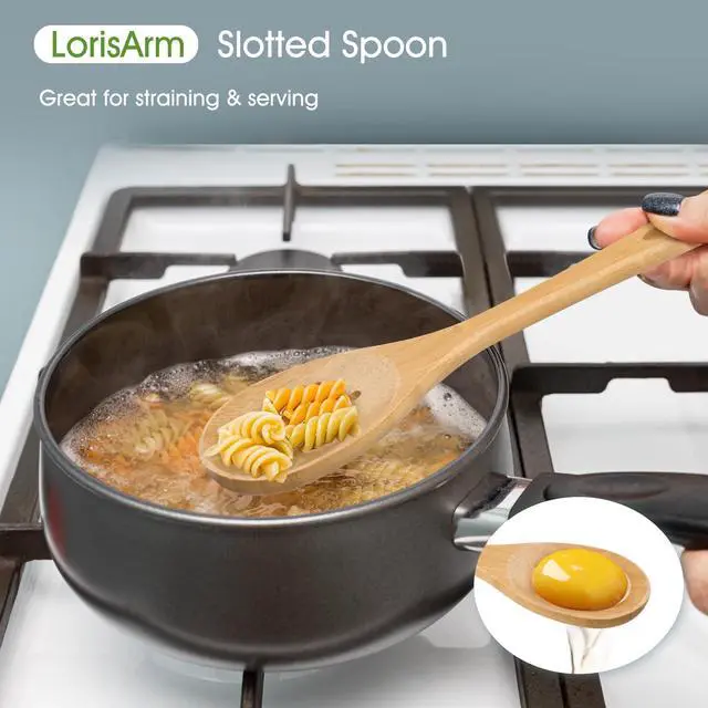 Alt view image 3 of 5 - Slotted Cooking Spoon, 12.5" Large Bamboo Serving Spoons for Mixing Stirring draining, Wood Slotted Spoon for Nonstick Kitchen Utensils Tableware Wooden Scoop Spoon.