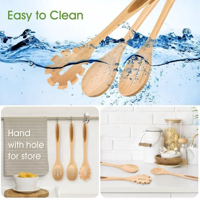 Alt view image 5 of 5 - Slotted Cooking Spoon, 12.5" Large Bamboo Serving Spoons for Mixing Stirring draining, Wood Slotted Spoon for Nonstick Kitchen Utensils Tableware Wooden Scoop Spoon.