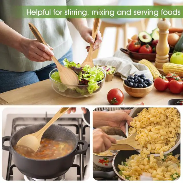 Alt view image 4 of 5 - Slotted Cooking Spoon, 12.5" Large Bamboo Serving Spoons for Mixing Stirring draining, Wood Slotted Spoon for Nonstick Kitchen Utensils Tableware Wooden Scoop Spoon.