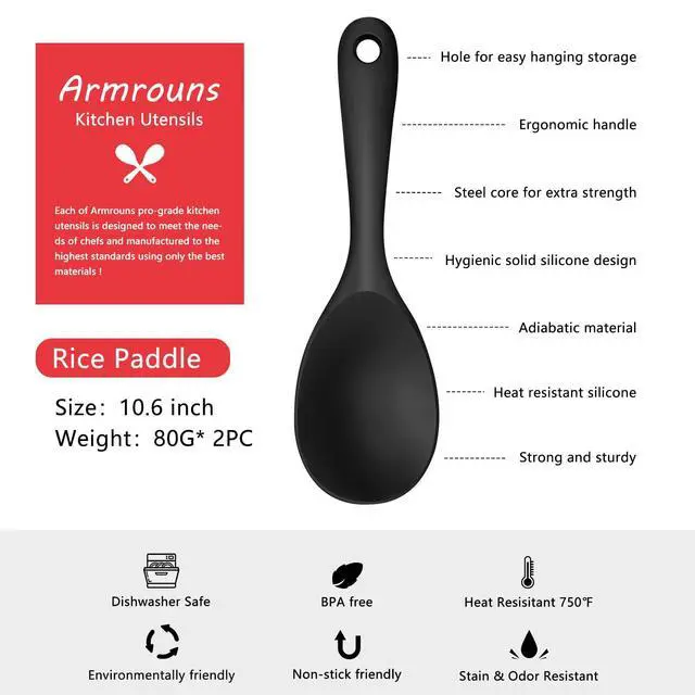 Alt view image 3 of 6 - Silicone Rice Paddle Spoon 2PCS, Non Stick Heat Resistant Kitchen Works for Rice,Mashed Potato. (Casual Black)