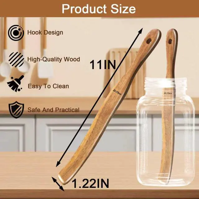 Alt view image 4 of 7 - 2Pcs Wooden Spurtle for Sourdough Starter, Mixing, Reaching Bottom of Jar, Dough Whisk, Long Handle Spatula, Kitchen Tools for NonStick Cookware, Baking & Cooking Utensils