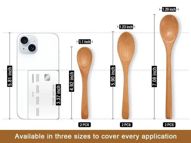 Alt view image 2 of 7 - 6PCS Small Wooden Spoons for Eating, 3 Sizes Wooden Teaspoons | Beech wood spoon set in 3 sizes (4.9", 5.9", 7.1"), ideal for honey, coffee, tea, jam, spices & soup