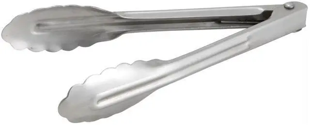 Main image of Coiled Spring Heavyweight Stainless Steel Utility Tong, 7-Inch | Dishwasher safe, Coiled spring, Scalloped edges, Restaurant service, Great for Salads and Buffets