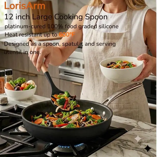 Alt view image 2 of 5 - Large Cooking Spoons. 12.5" Heat Resistant Silicone Serving Spoon, Nonstick Kitchen Utensils Wooden Handle Rubber Spoon for Mixing, Stiring,Baking,Scooping and Scraping.