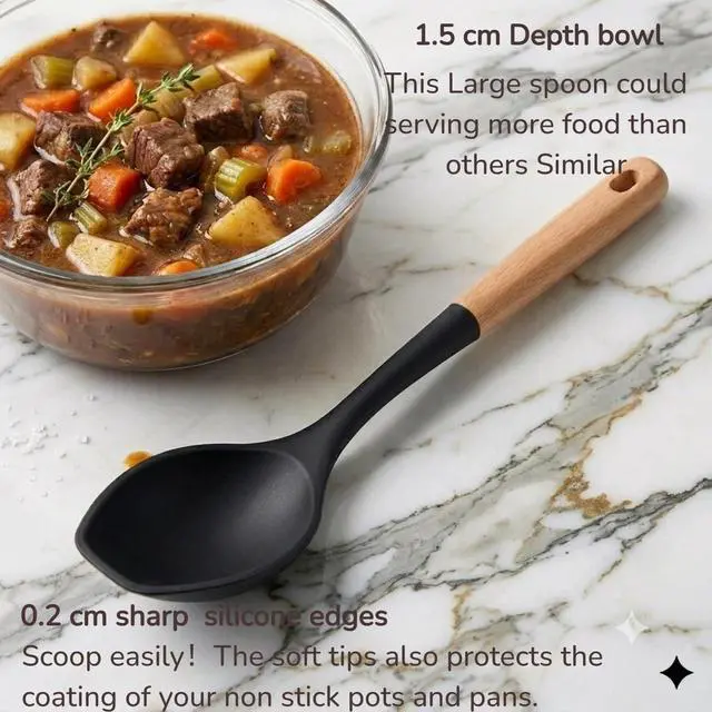 Alt view image 3 of 5 - Large Cooking Spoons. 12.5" Heat Resistant Silicone Serving Spoon, Nonstick Kitchen Utensils Wooden Handle Rubber Spoon for Mixing, Stiring,Baking,Scooping and Scraping.