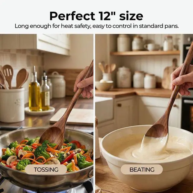 Alt view image 2 of 7 - Wooden Spoons for Cooking, 2 PCS Wooden Cooking Utensils | 12 Inch Serving Spoon for Nonstick Pans, Comfort Grip, Durable, Heat Resistant, Baking, Stirring Food and Kitchen Gifts