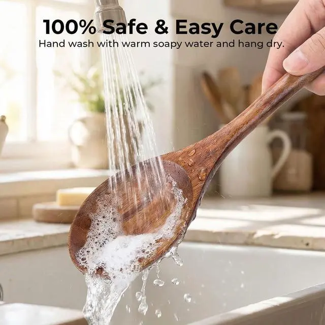 Alt view image 6 of 7 - Wooden Spoons for Cooking, 2 PCS Wooden Cooking Utensils | 12 Inch Serving Spoon for Nonstick Pans, Comfort Grip, Durable, Heat Resistant, Baking, Stirring Food and Kitchen Gifts