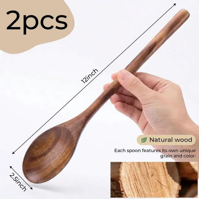 Alt view image 7 of 7 - Wooden Spoons for Cooking, 2 PCS Wooden Cooking Utensils | 12 Inch Serving Spoon for Nonstick Pans, Comfort Grip, Durable, Heat Resistant, Baking, Stirring Food and Kitchen Gifts