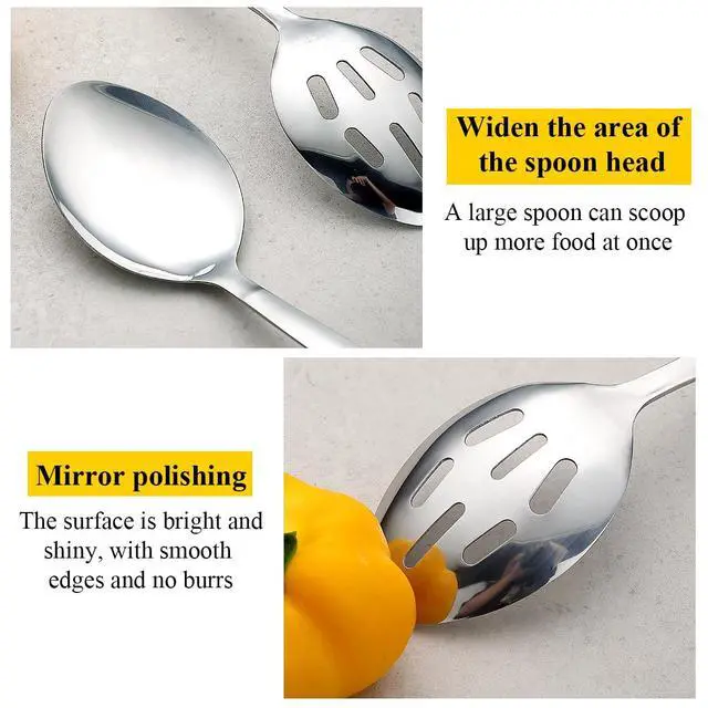 Alt view image 6 of 7 - Cooking Spoon Set, Stainless Steel Kitchen Cooking Serving, Solid Spoon, Slotted Spoon, Heat Resistant Handle, Dishwasher Safe, Easy to Clean