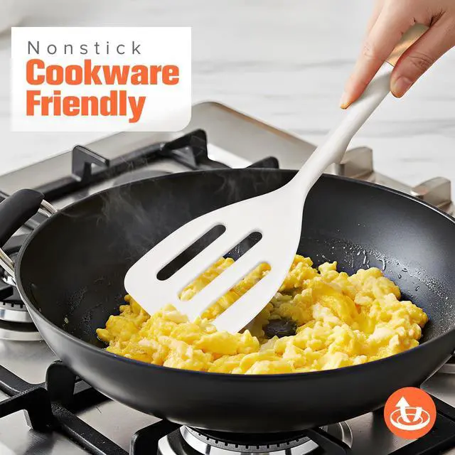 Alt view image 2 of 7 - Extra Large Silicone Spatula Turner Set with Wooden Handle (White) | 13.9'' Heat Resistant Solid & Slotted Spatulas for Nonstick Pans, Cooking Utensils for Frying, Flipping and Sautéing, 2 Pack