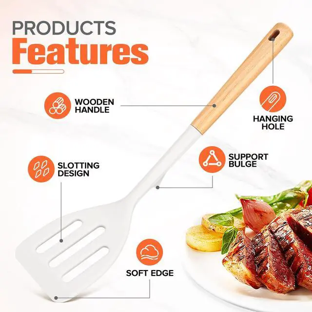 Alt view image 5 of 7 - Extra Large Silicone Spatula Turner Set with Wooden Handle (White) | 13.9'' Heat Resistant Solid & Slotted Spatulas for Nonstick Pans, Cooking Utensils for Frying, Flipping and Sautéing, 2 Pack