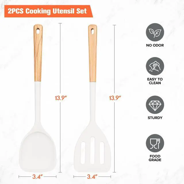 Alt view image 6 of 7 - Extra Large Silicone Spatula Turner Set with Wooden Handle (White) | 13.9'' Heat Resistant Solid & Slotted Spatulas for Nonstick Pans, Cooking Utensils for Frying, Flipping and Sautéing, 2 Pack