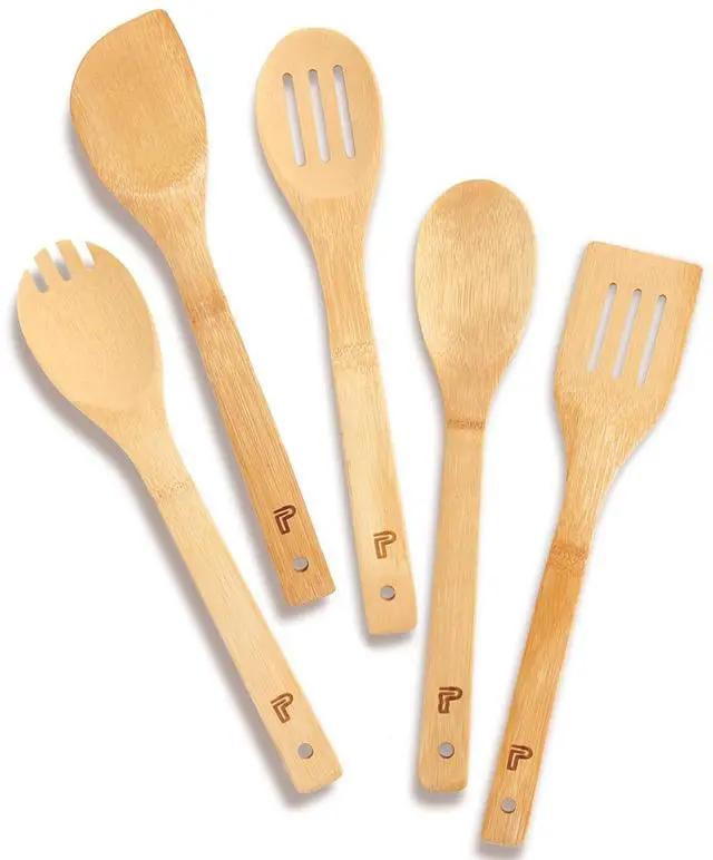 Main image of Wooden Spoons for Cooking 5 Bamboo Spatula Wood Kitchen Utensils Set | 30cm Lightweight Multifunctional Slotted Spork for Salad Baking Non-stick Smooth Glueless Heat-resistant Housewarming Gift