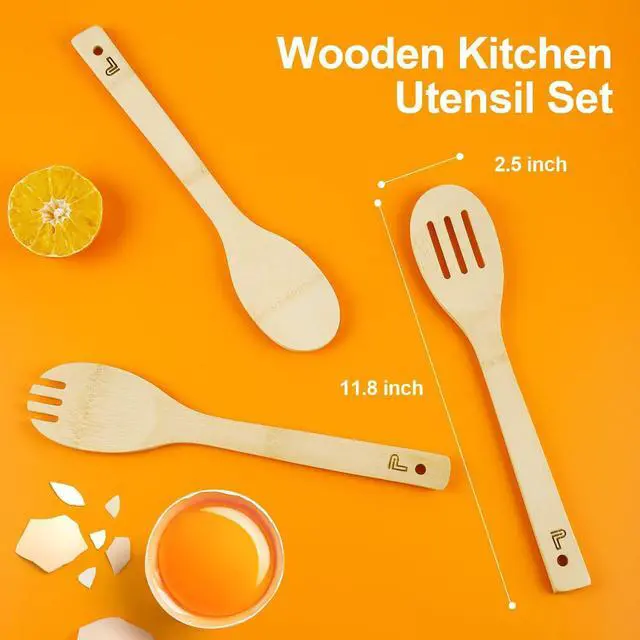 Alt view image 5 of 7 - Wooden Spoons for Cooking 5 Bamboo Spatula Wood Kitchen Utensils Set | 30cm Lightweight Multifunctional Slotted Spork for Salad Baking Non-stick Smooth Glueless Heat-resistant Housewarming Gift
