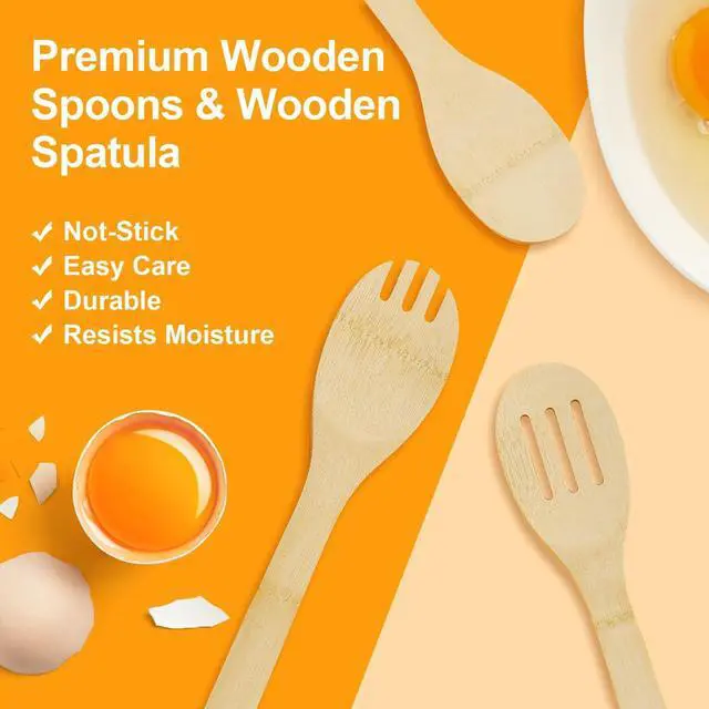 Alt view image 7 of 7 - Wooden Spoons for Cooking 5 Bamboo Spatula Wood Kitchen Utensils Set | 30cm Lightweight Multifunctional Slotted Spork for Salad Baking Non-stick Smooth Glueless Heat-resistant Housewarming Gift