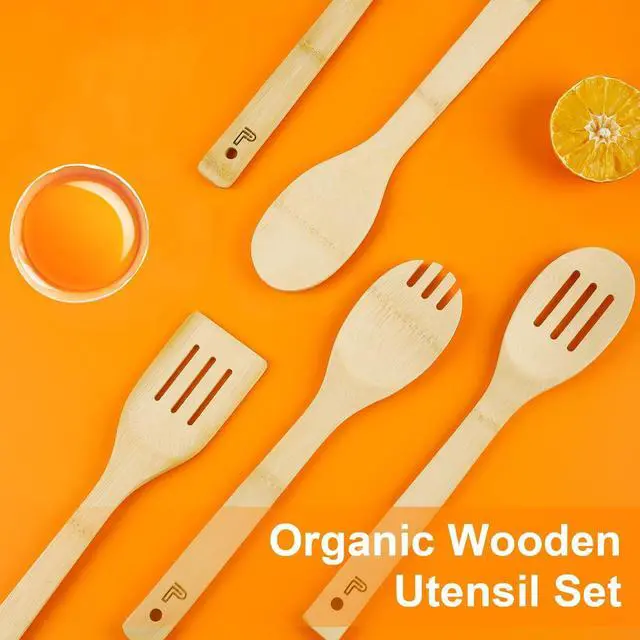 Alt view image 6 of 7 - Wooden Spoons for Cooking 5 Bamboo Spatula Wood Kitchen Utensils Set | 30cm Lightweight Multifunctional Slotted Spork for Salad Baking Non-stick Smooth Glueless Heat-resistant Housewarming Gift