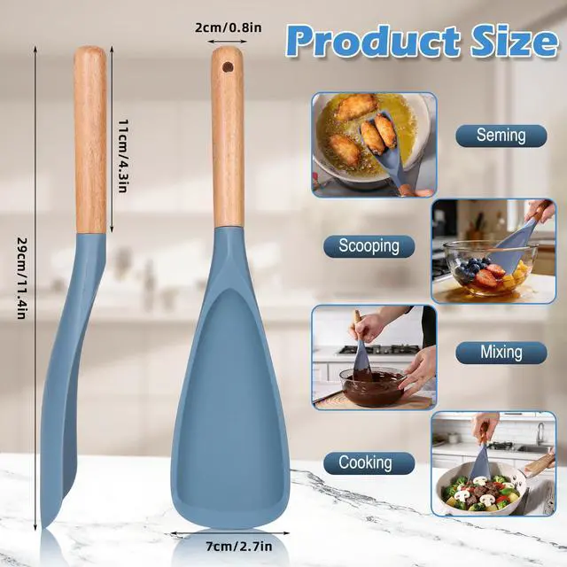 Alt view image 2 of 7 - Silicone Cooking Spoon for Nonstick Cookware, Blue, 1 Pack | Soft Silicone Head with Wood Handle for Stirring, Mixing, Scraping and Serving on Nonstick Cookware