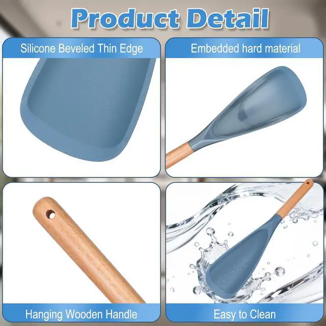 Alt view image 3 of 7 - Silicone Cooking Spoon for Nonstick Cookware, Blue, 1 Pack | Soft Silicone Head with Wood Handle for Stirring, Mixing, Scraping and Serving on Nonstick Cookware