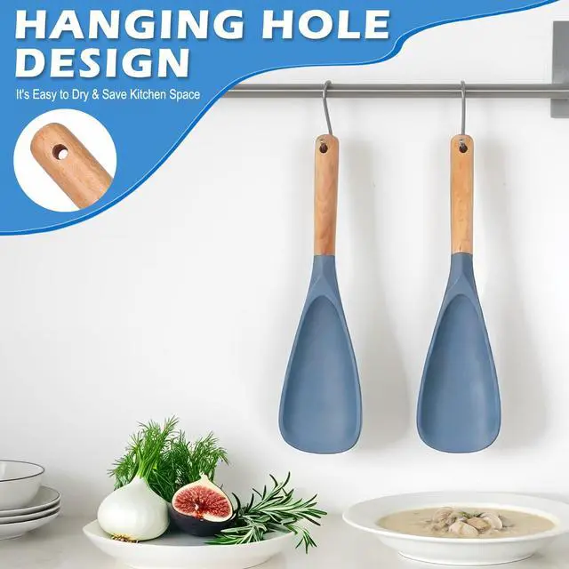 Alt view image 4 of 7 - Silicone Cooking Spoon for Nonstick Cookware, Blue, 1 Pack | Soft Silicone Head with Wood Handle for Stirring, Mixing, Scraping and Serving on Nonstick Cookware