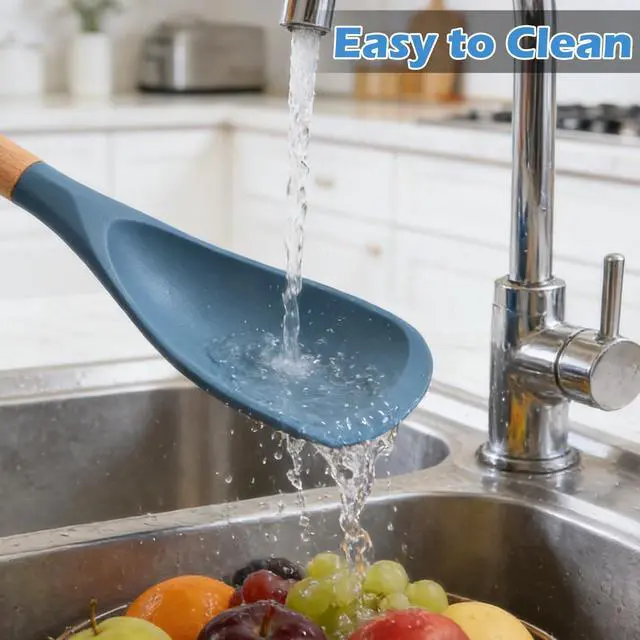 Alt view image 5 of 7 - Silicone Cooking Spoon for Nonstick Cookware, Blue, 1 Pack | Soft Silicone Head with Wood Handle for Stirring, Mixing, Scraping and Serving on Nonstick Cookware