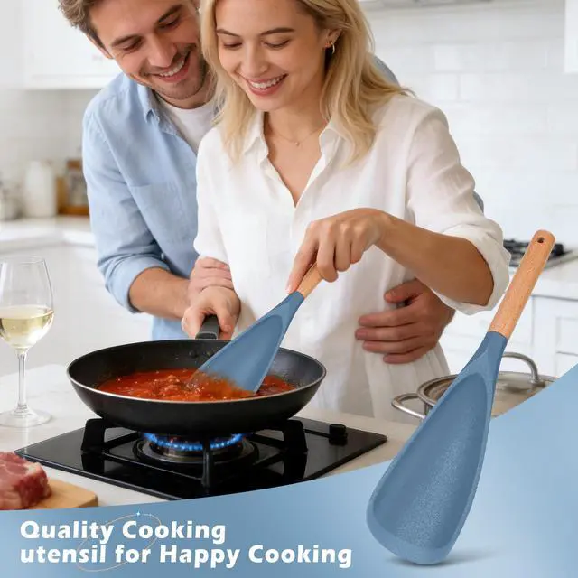 Alt view image 6 of 7 - Silicone Cooking Spoon for Nonstick Cookware, Blue, 1 Pack | Soft Silicone Head with Wood Handle for Stirring, Mixing, Scraping and Serving on Nonstick Cookware