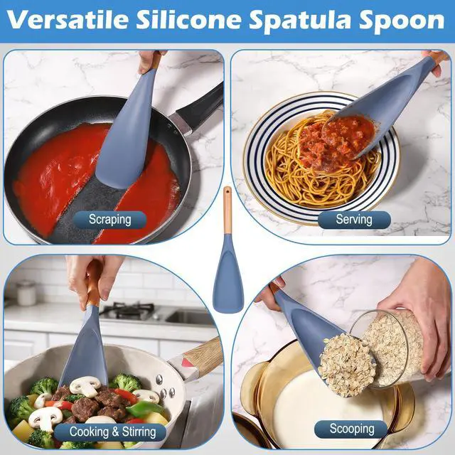 Alt view image 7 of 7 - Silicone Cooking Spoon for Nonstick Cookware, Blue, 1 Pack | Soft Silicone Head with Wood Handle for Stirring, Mixing, Scraping and Serving on Nonstick Cookware
