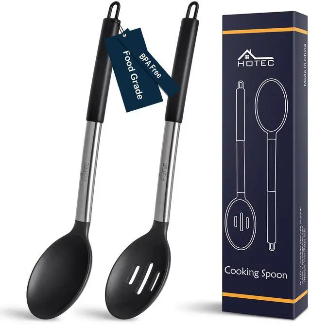 Main image of 446°F Heat Resistant Large Silicone Cooking Spoon, BPA Free Solid Slotted Spoons, Nonstick Kitchen Cookware Utensils, Mixing, Serving, Stiring Large Spoons, Black