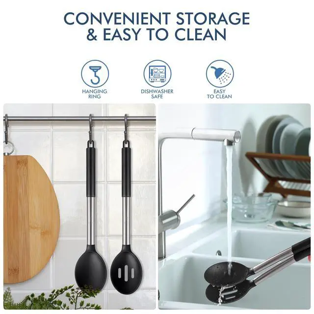 Alt view image 3 of 7 - 446°F Heat Resistant Large Silicone Cooking Spoon, BPA Free Solid Slotted Spoons, Nonstick Kitchen Cookware Utensils, Mixing, Serving, Stiring Large Spoons, Black