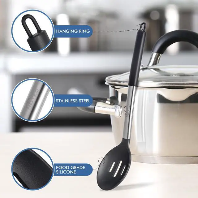 Alt view image 5 of 7 - 446°F Heat Resistant Large Silicone Cooking Spoon, BPA Free Solid Slotted Spoons, Nonstick Kitchen Cookware Utensils, Mixing, Serving, Stiring Large Spoons, Black