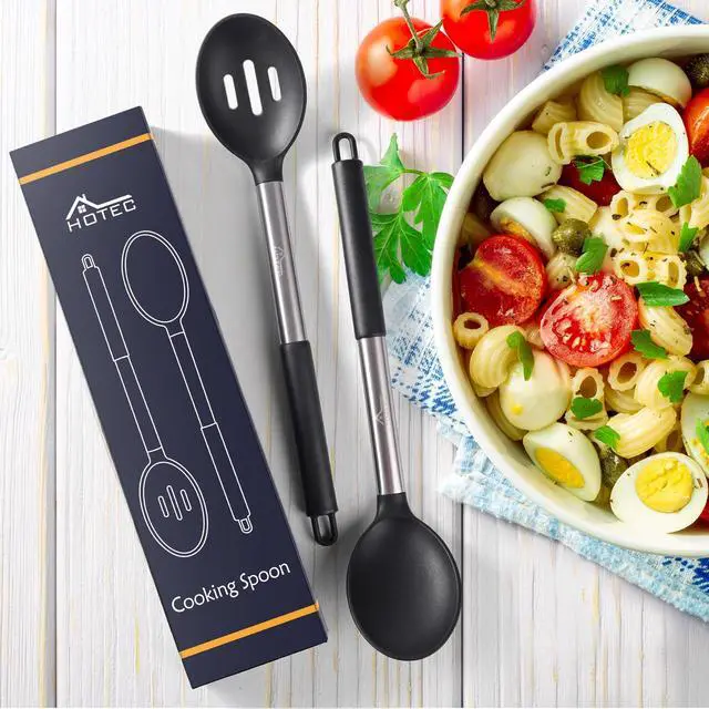 Alt view image 7 of 7 - 446°F Heat Resistant Large Silicone Cooking Spoon, BPA Free Solid Slotted Spoons, Nonstick Kitchen Cookware Utensils, Mixing, Serving, Stiring Large Spoons, Black